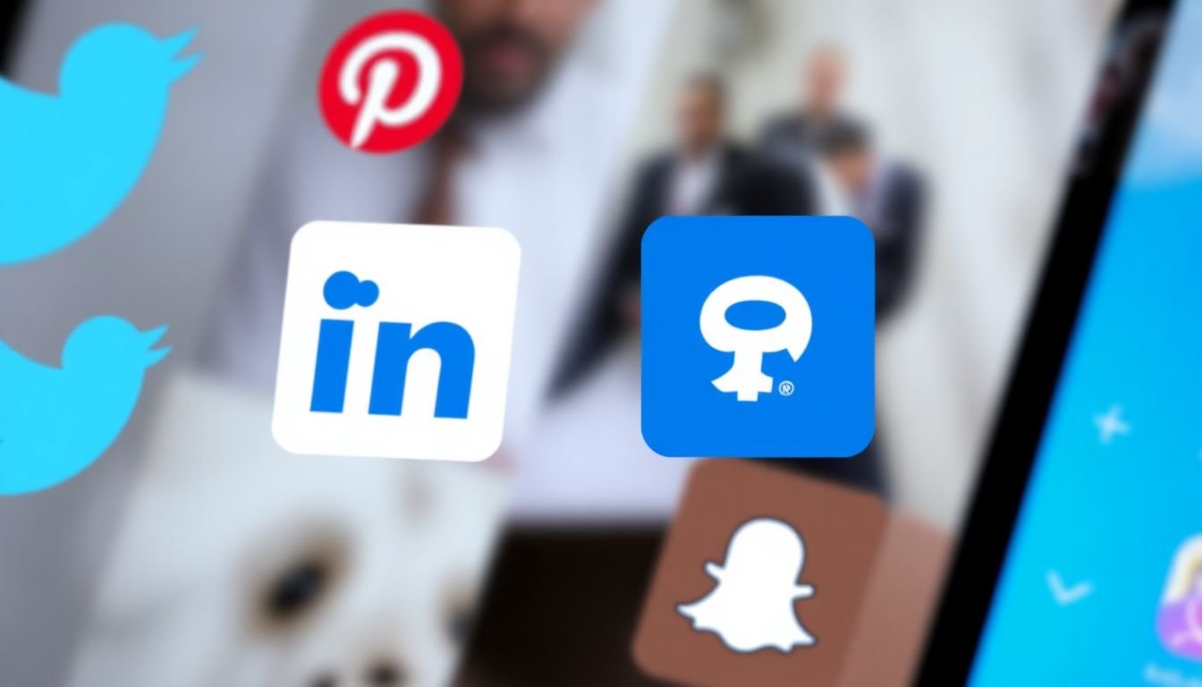 Logos and sample content from Twitter, LinkedIn, Pinterest, and Snapchat, highlighting their unique features.