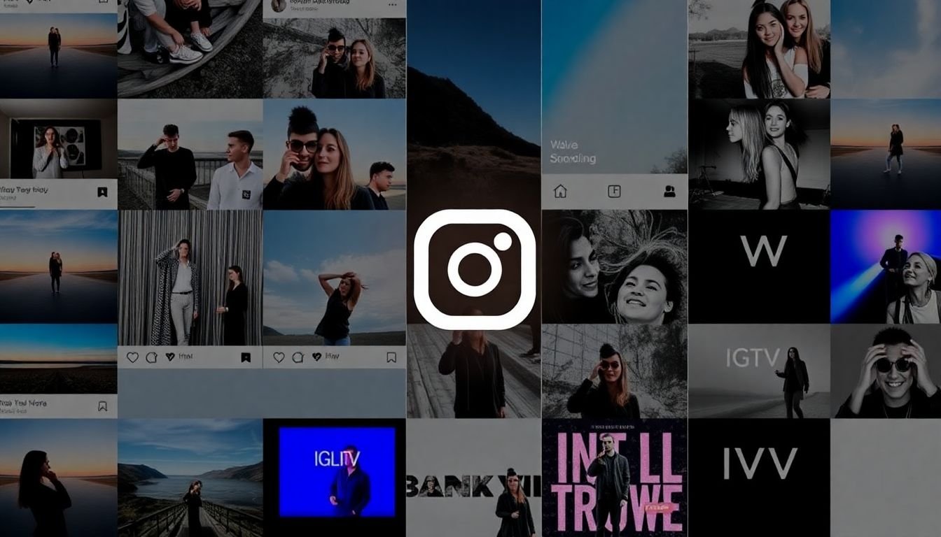 A grid of Instagram posts, Stories, and IGTV thumbnails, highlighting the platform's visual storytelling aspects.