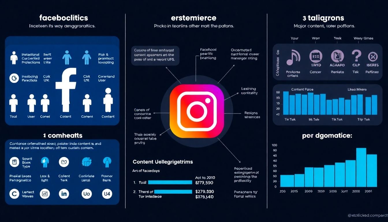 Infographics illustrating user demographics, content types, and algorithms for Facebook, Instagram, TikTok, and other major platforms.