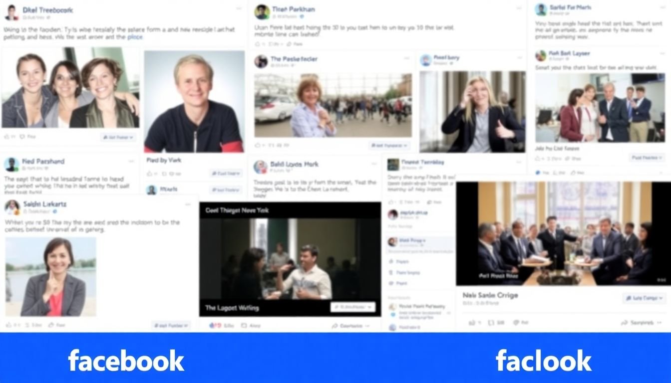 A variety of Facebook posts, from personal updates and photos to business promotions and group discussions, showcasing the platform's diversity.