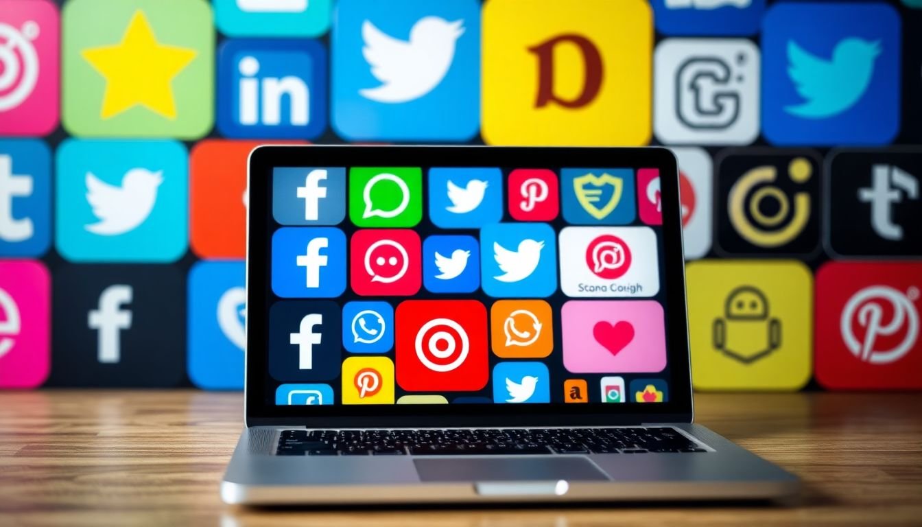 A vibrant collage of social media platforms' logos, with a laptop screen in the foreground displaying a diverse range of content tailored to each platform.