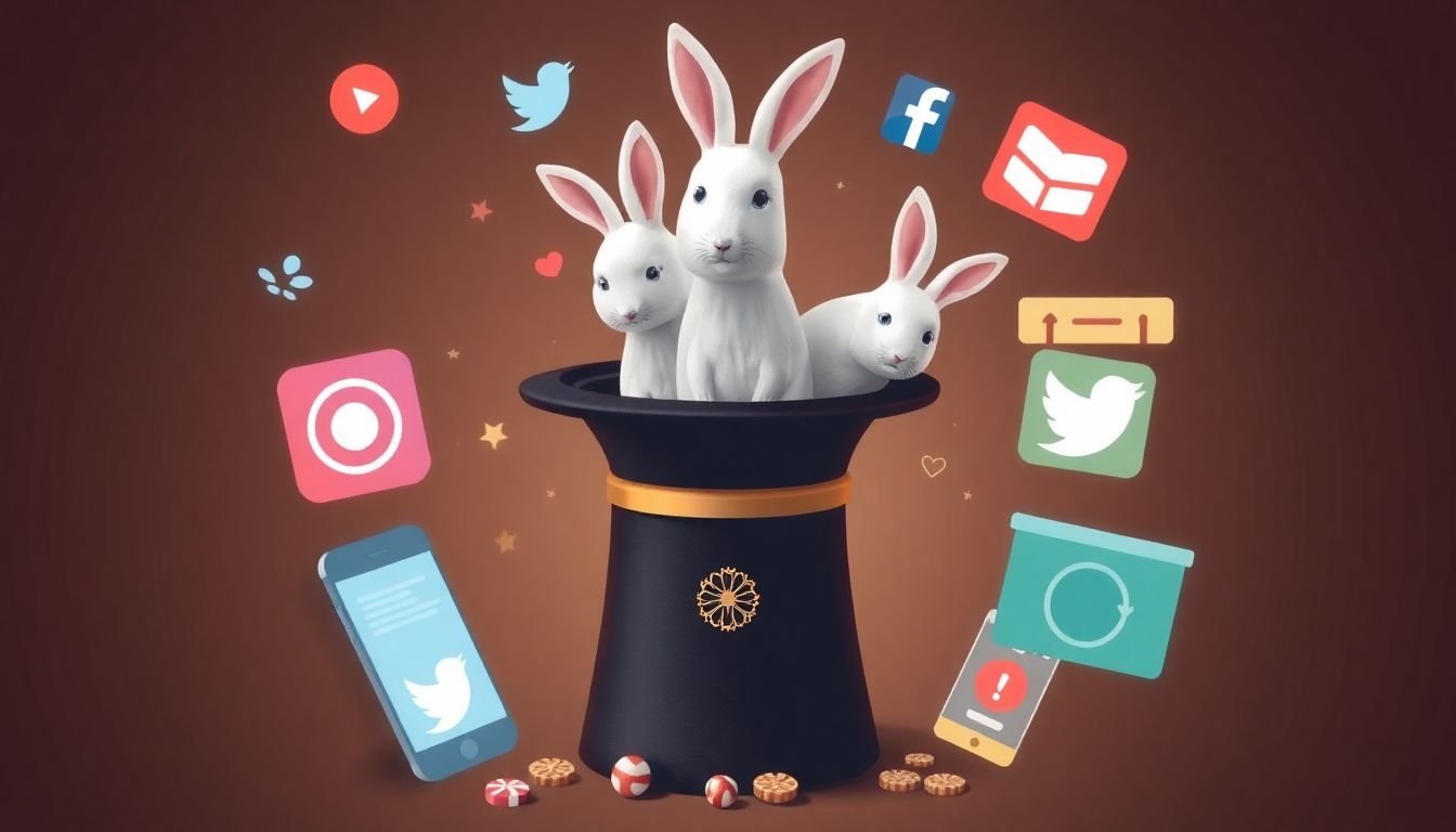 A magician pulling never-ending content rabbits out of a hat, surrounded by various social media platforms displaying different content formats.