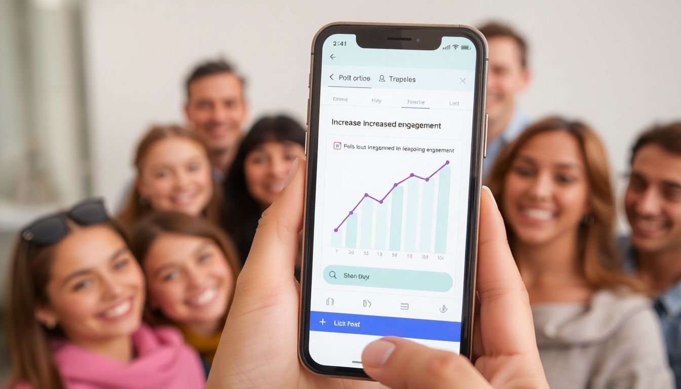 A smartphone displaying a poll or quiz, with a graph showing increased engagement, surrounded by happy users interacting with the post.