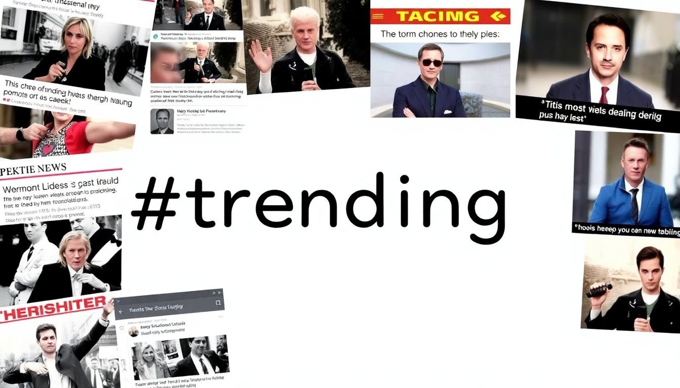A trendy social media post, with a 'trending' hashtag, surrounded by news headlines, memes, and pop culture references.