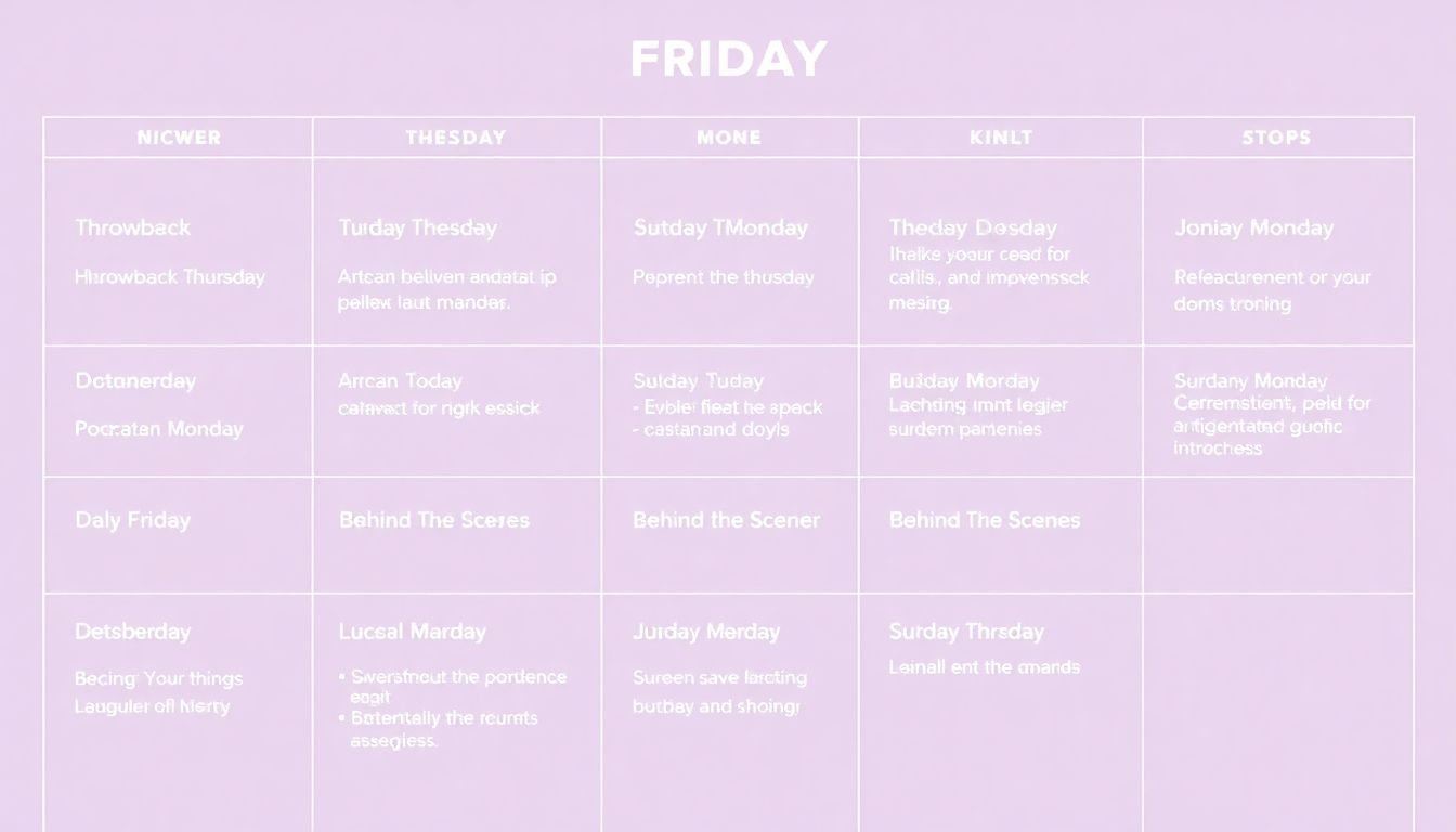 A calendar with each week marked with a unique theme, such as 'Throwback Thursday', 'Motivation Monday', or 'Behind the Scenes Friday'.