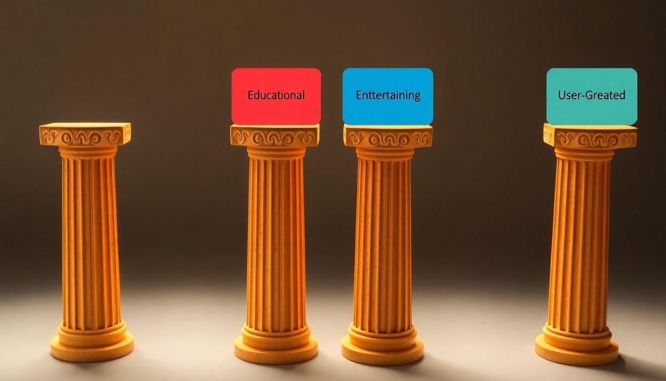 Four pillars standing tall, each representing a different content type (e.g., educational, entertaining, promotional, user-generated), supporting a strong social media strategy.