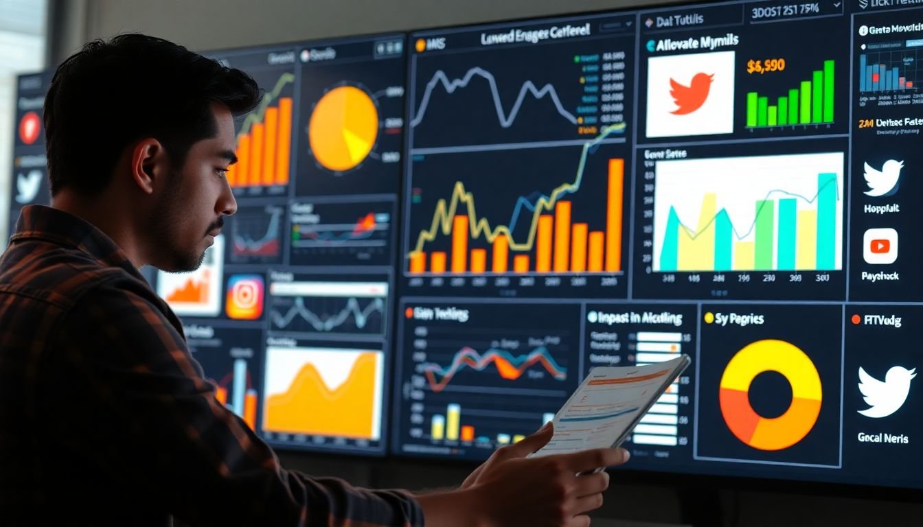 A data analyst studying graphs and charts, surrounded by social media platforms displaying improved engagement and reach.
