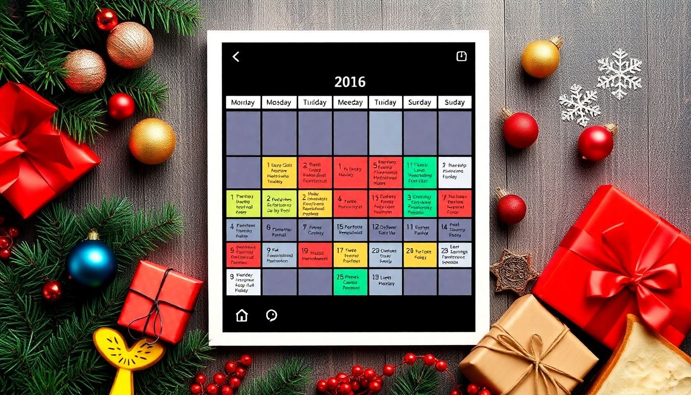 A festive social media post calendar, with holidays and events marked in different colors, surrounded by relevant props like decorations, gifts, or themed food.