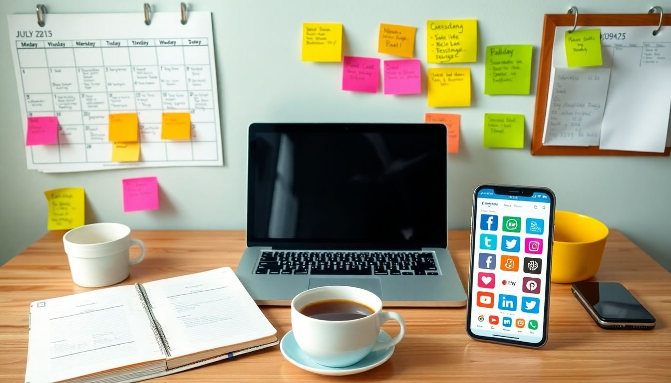 A well-organized desk with a laptop, a planner, and a cup of coffee, surrounded by colorful sticky notes with social media post ideas, a calendar on the wall marked with important dates and holidays, and a smartphone displaying various social media platforms.