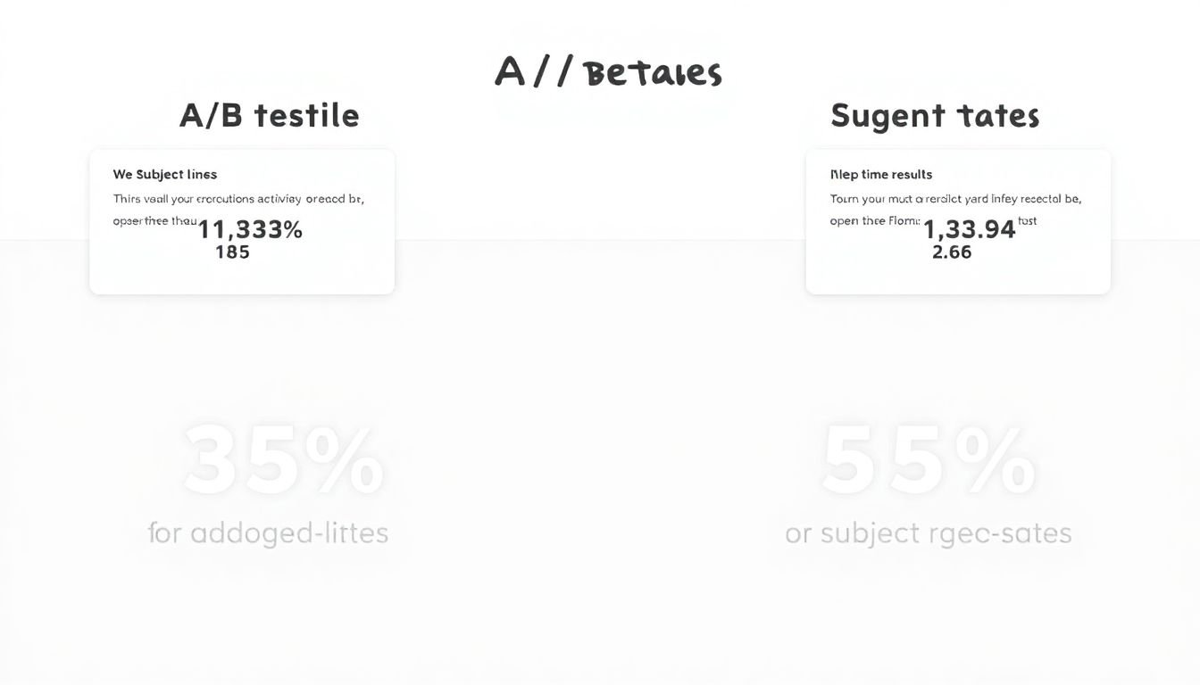 A split-screen graphic showing A/B testing results, with clear differences in open rates between two subject lines.