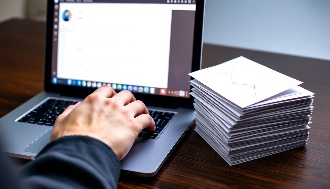 A close-up of a hand typing on a laptop keyboard, with an open email client on the screen, and a stack of unopened emails beside it, symbolizing the importance of subject lines in email marketing.