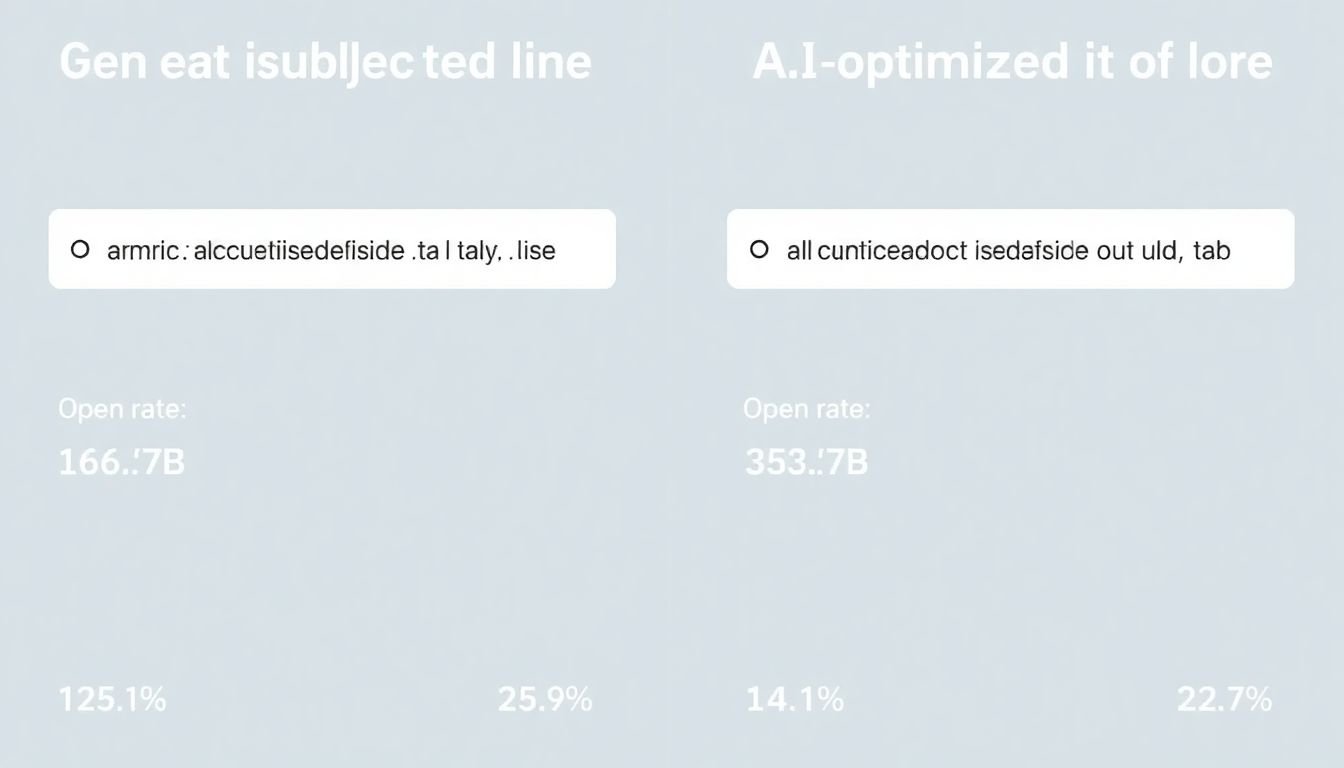 A side-by-side comparison of a generic email subject line and an AI-optimized one, with open rate statistics
