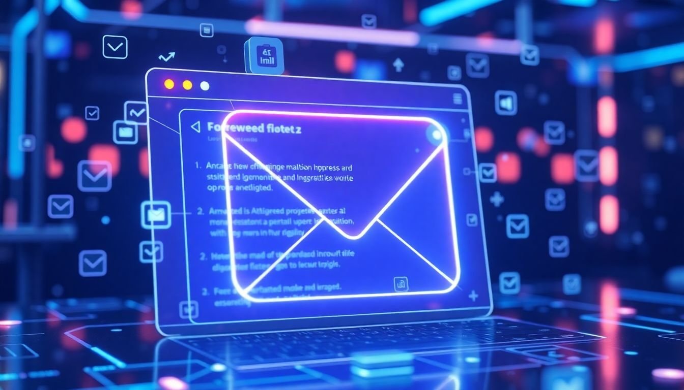 A futuristic email inbox with AI-driven features, such as voice assistants and augmented reality