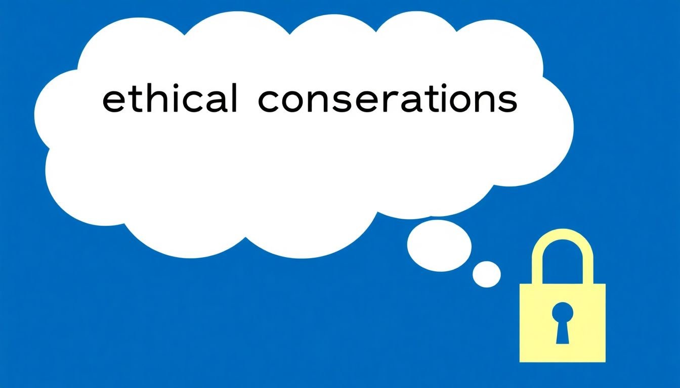 A thought bubble with ethical considerations and privacy concerns, with a lock symbol representing data security