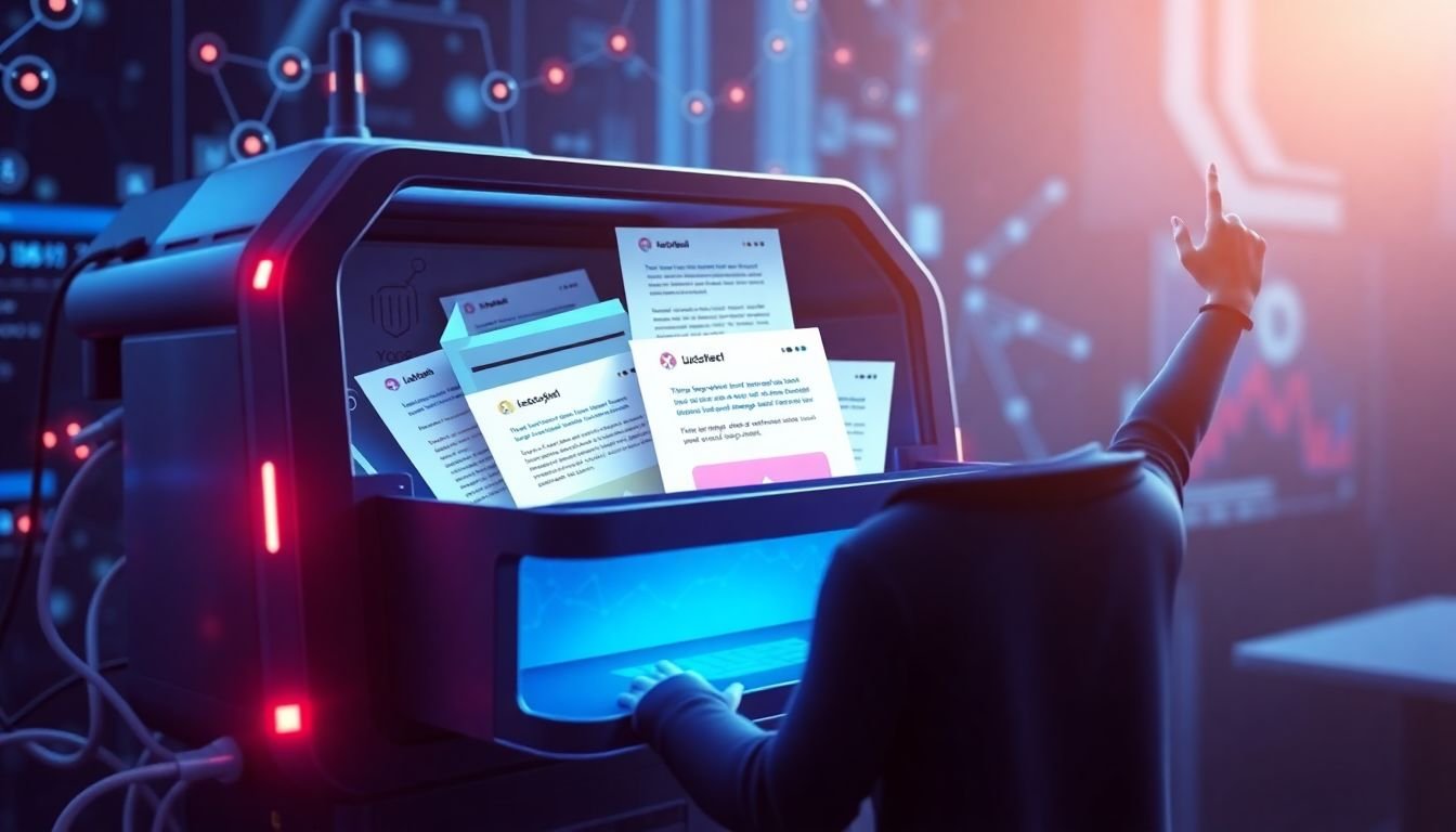 A futuristic inbox filled with personalized emails, AI algorithms at work, and a marketing specialist celebrating increased engagement