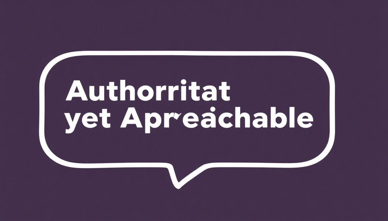 A speech bubble with a distinctive voice or tone descriptor (e.g., 'Authoritative yet Approachable') written inside.