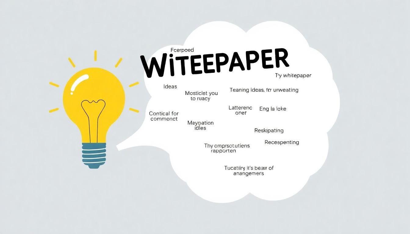 A lightbulb moment illustration with a thought bubble containing various whitepaper topic ideas.