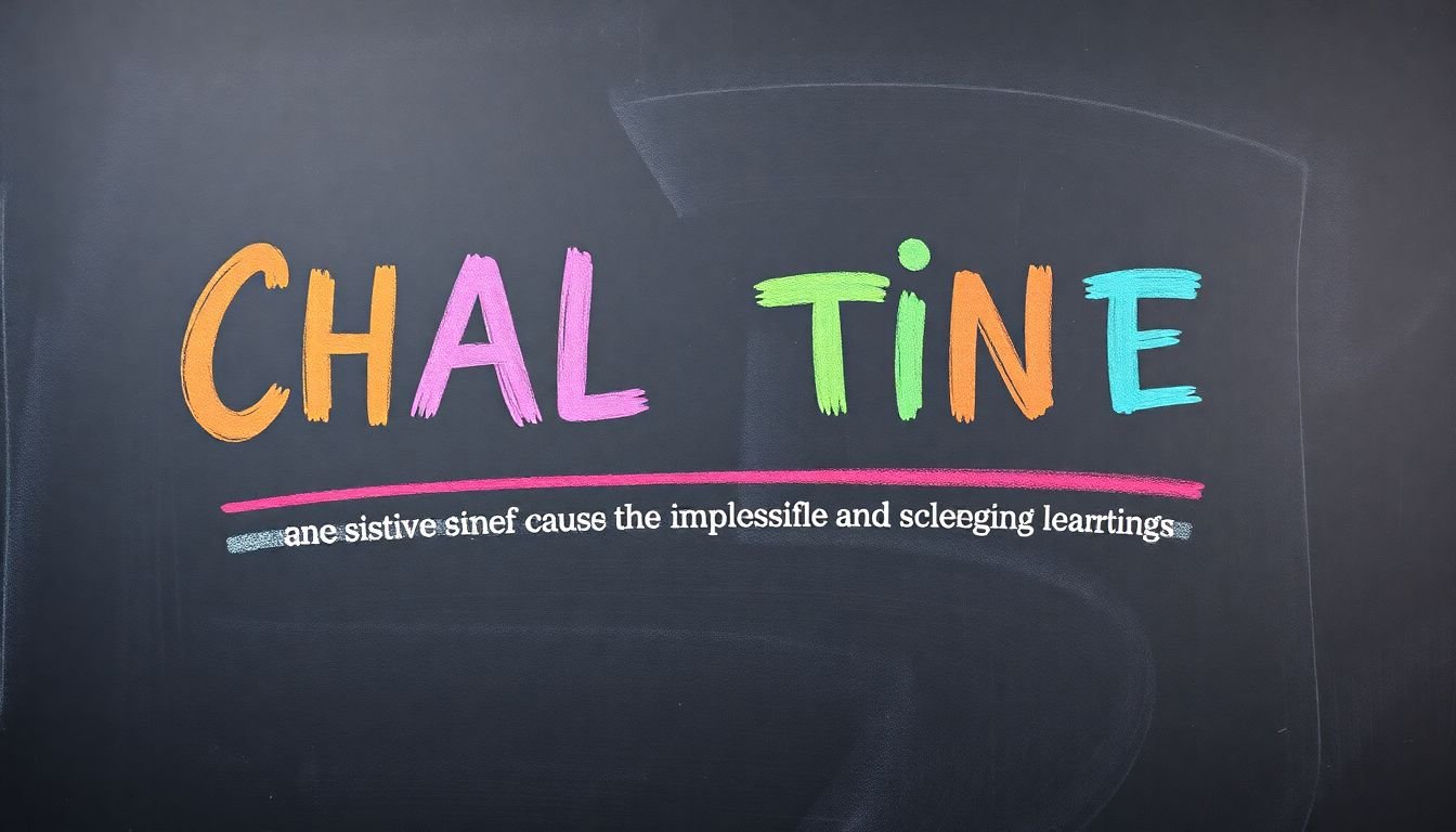A chalkboard with a striking title and subtitle written in bold, colorful chalk.