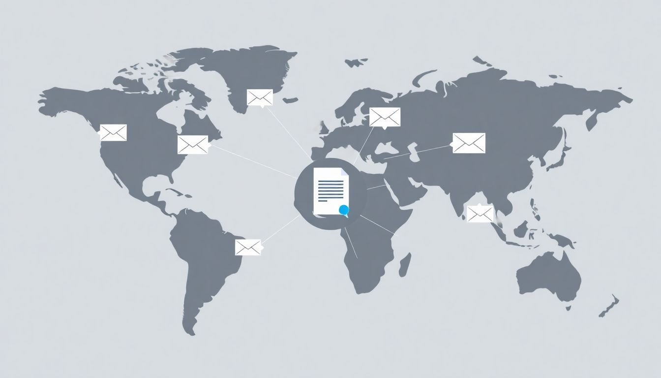 A world map with various marketing channels (email, social media, etc.) represented as interconnected nodes, with a whitepaper icon at the center.