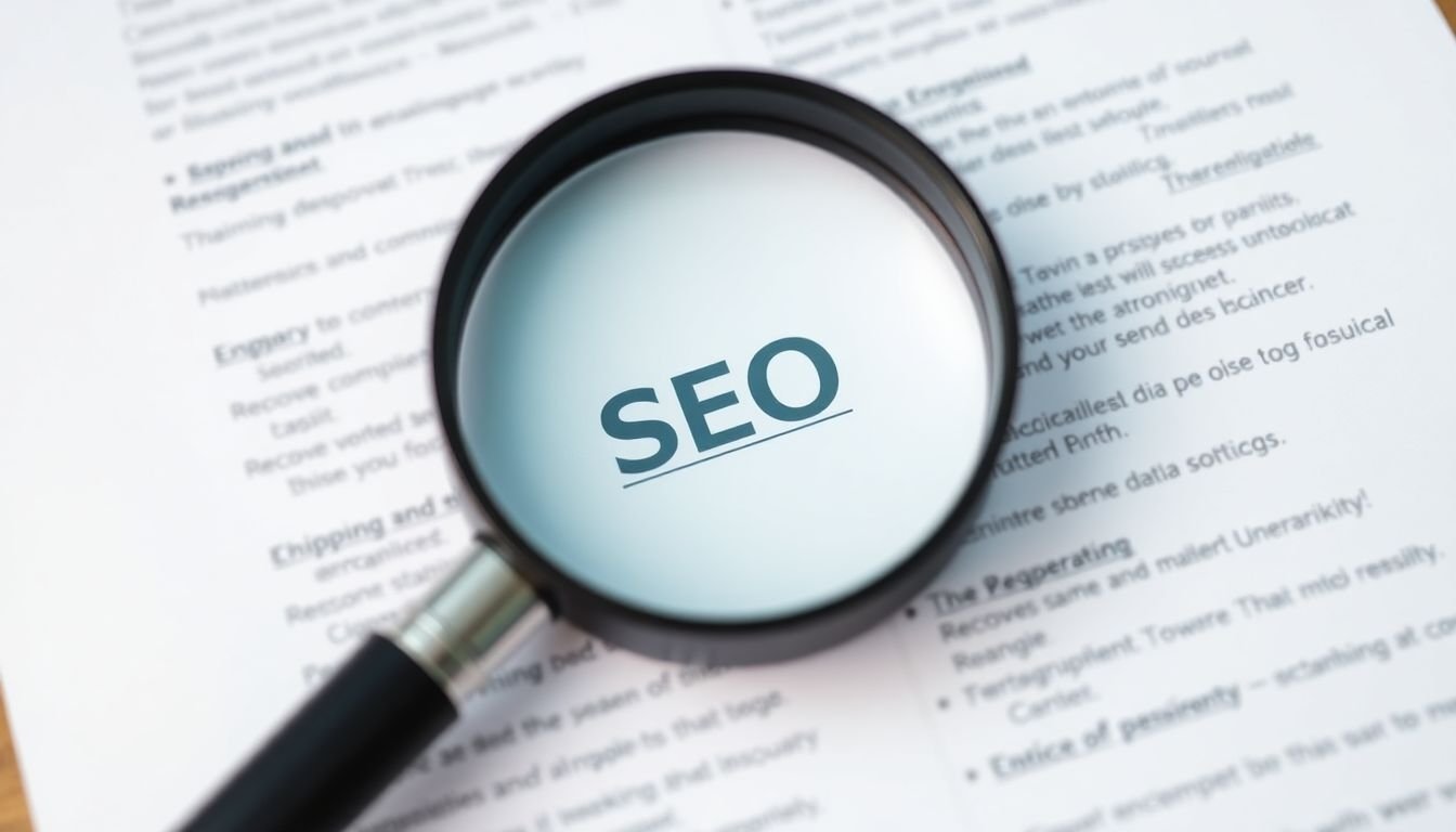 A magnifying glass hovering over a whitepaper with SEO-related keywords highlighted.