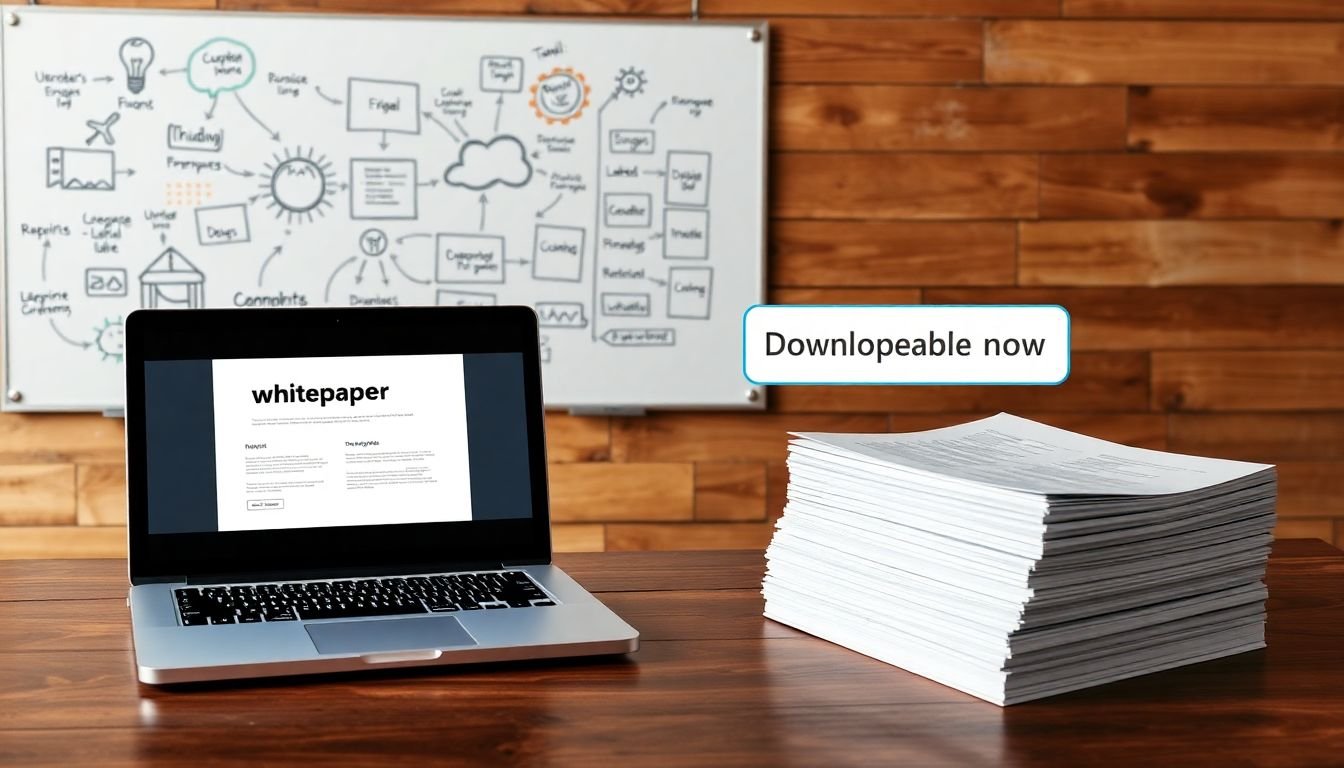 A creative image of a brainstorming session with a whiteboard filled with ideas, a laptop open to a whitepaper template, and a stack of printed whitepapers with a 'Download Now' button on top.