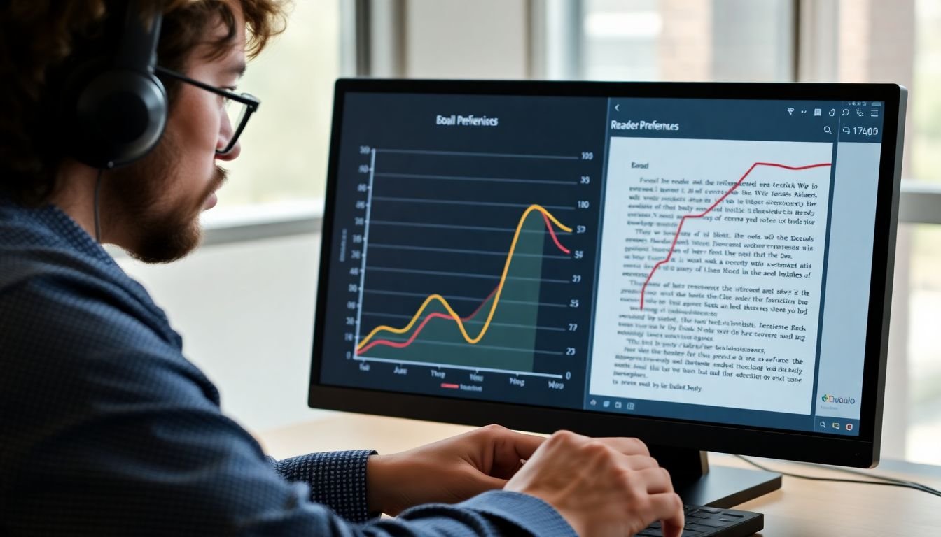 A data analyst studying a graph of reader preferences, with an eBook open on their screen.