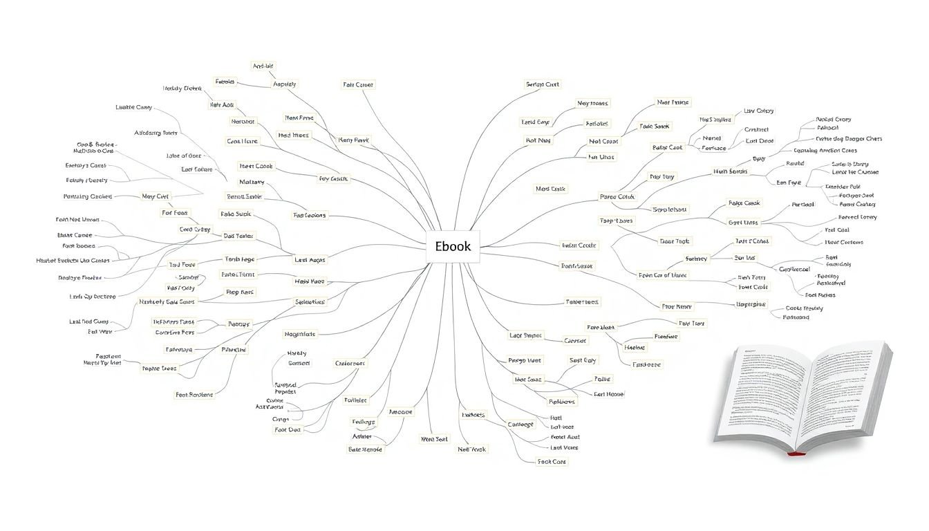 A complex, branching narrative structure visualized as a mind map or flowchart, with an eBook open in the corner.