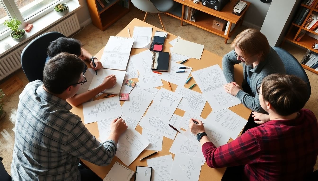 A brainstorming session between an author, designer, and illustrator, with sketches and ideas scattered across a table.