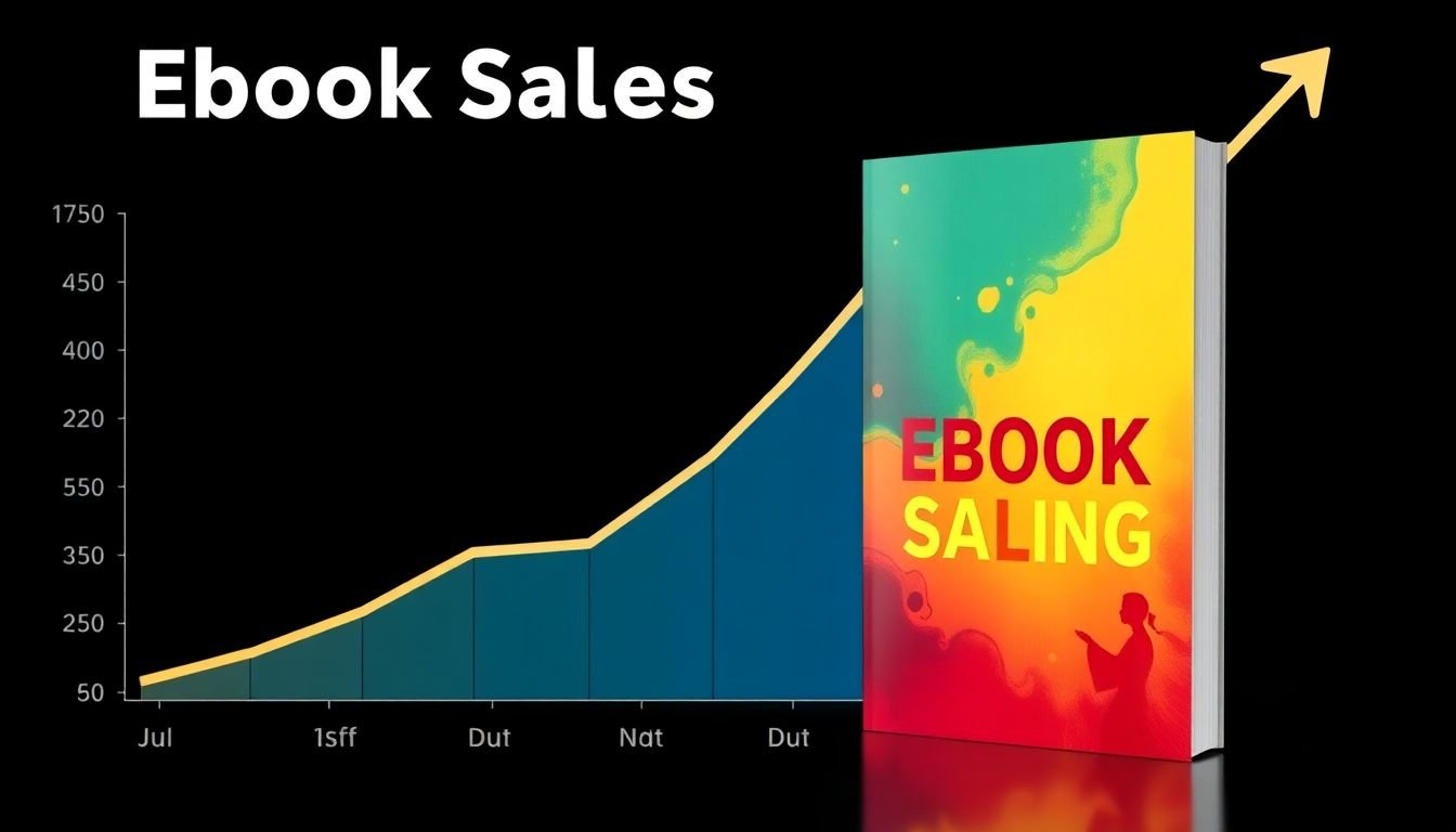A graph showing increased eBook sales over time, with a visually striking eBook cover prominently displayed.