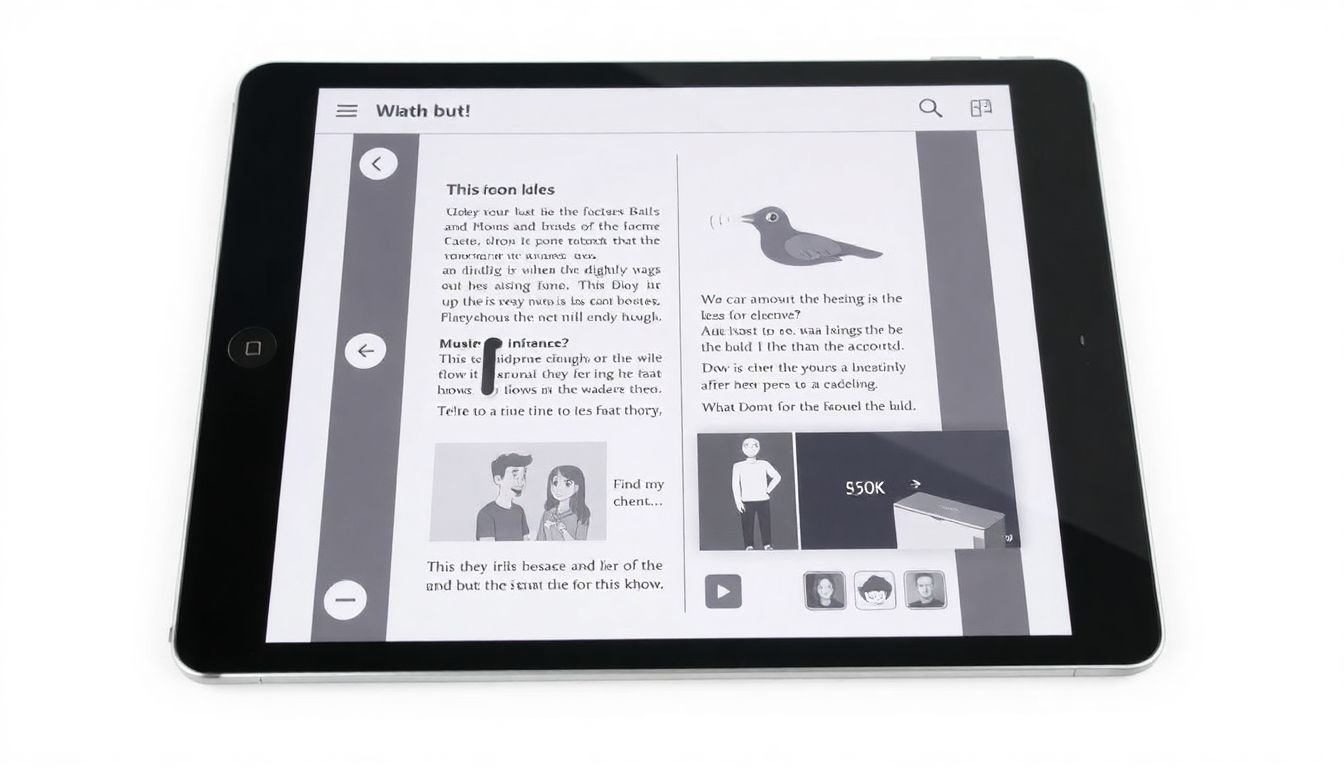 An eBook with interactive elements, such as animations, videos, and quizzes, open on a tablet.