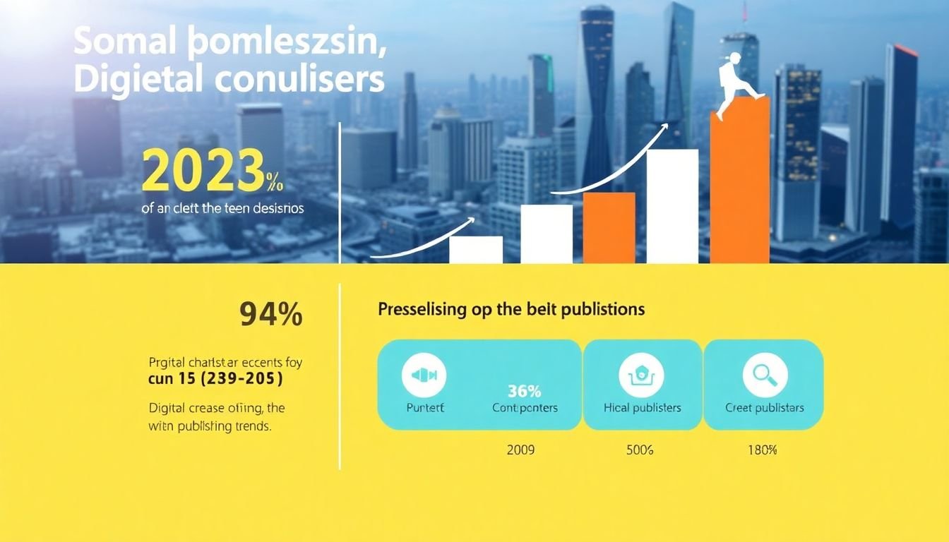 An infographic displaying digital publishing statistics and growth trends, with a futuristic cityscape in the background.