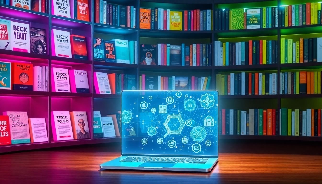 A vibrant, futuristic digital bookshelf filled with eBooks showcasing diverse design trends, with a holographic laptop in the foreground, symbolizing the evolution of digital publishing.