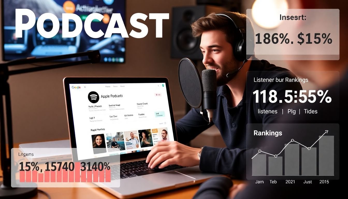 A captivating image of a podcast host recording in a studio, with a laptop open to Apple Podcasts and Spotify, and graphs showing increasing listener numbers and rankings.