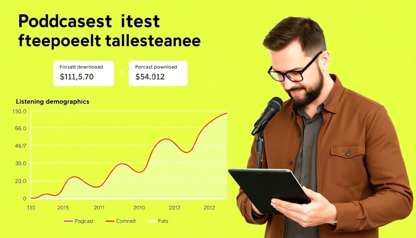 A graph showing podcast download trends and listener demographics, with a podcast host analyzing the data on a tablet.