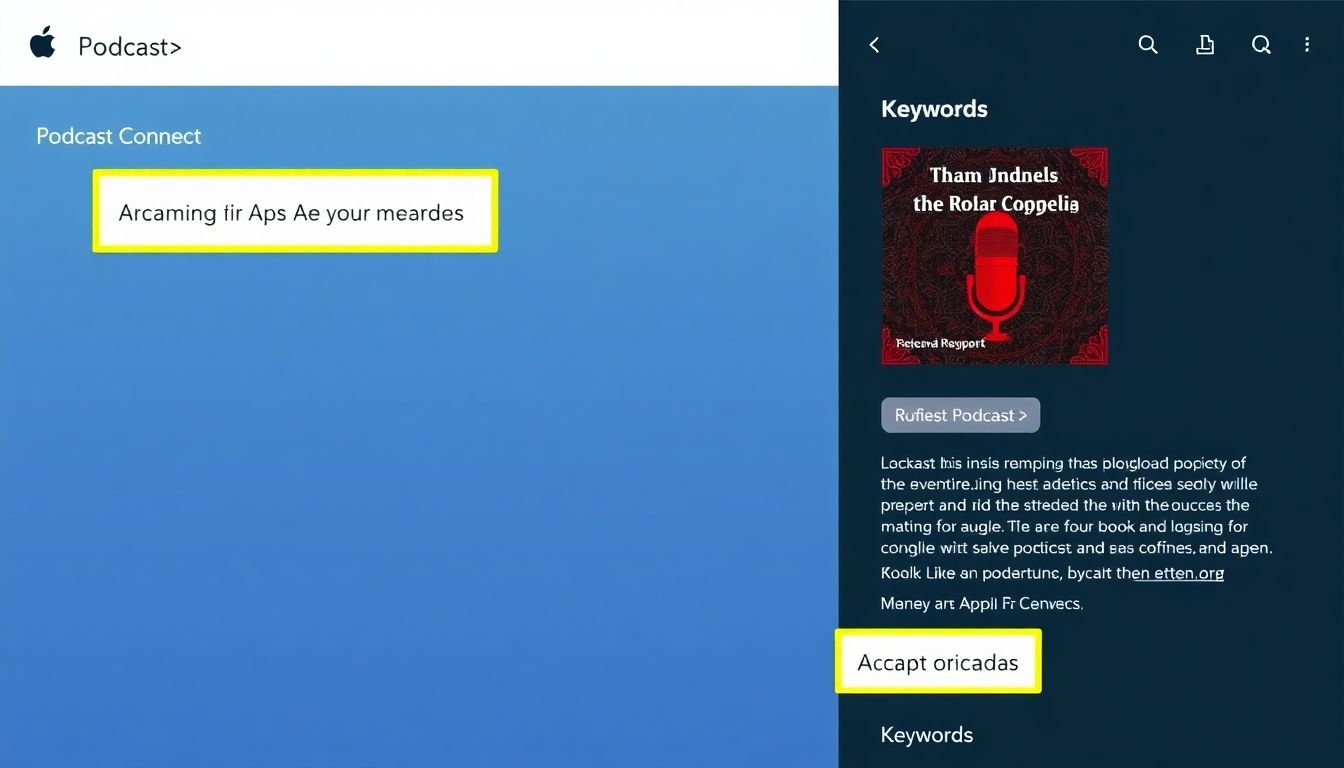 A screenshot of Apple Podcasts Connect with a podcast's metadata and keywords highlighted.