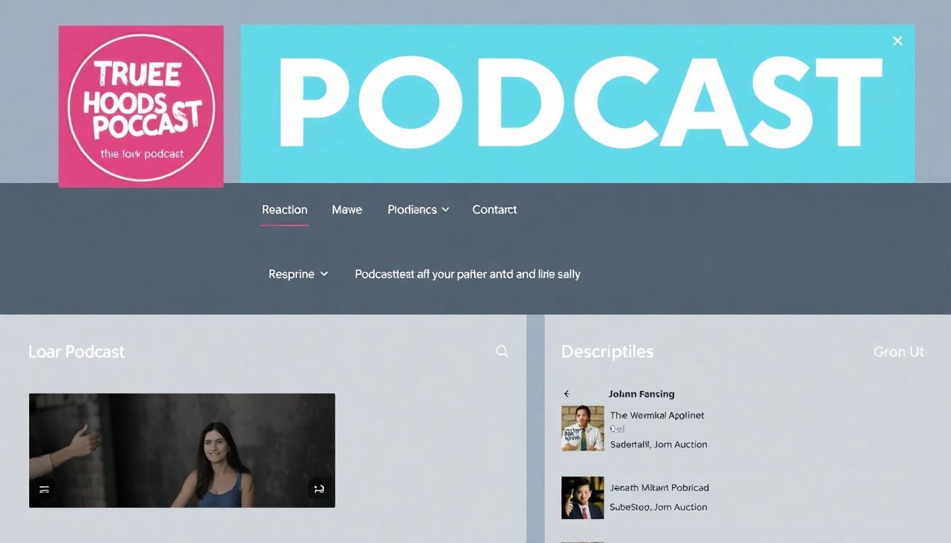 A mockup of a podcast's title, description, and artwork, along with a visual representation of the show's structure and formatting elements.