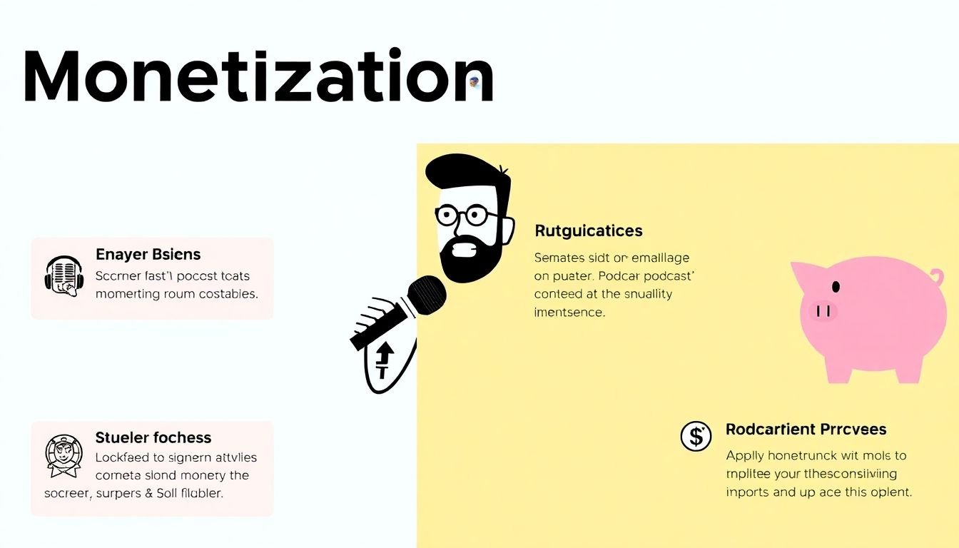 A graphic illustrating various monetization strategies, with a podcast host holding a microphone and a piggy bank.