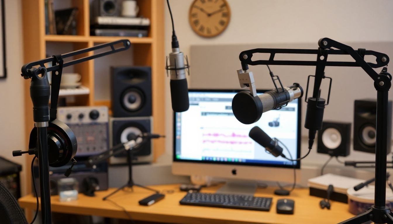 A well-equipped home podcast studio with various microphones, headphones, and recording software open on a computer.