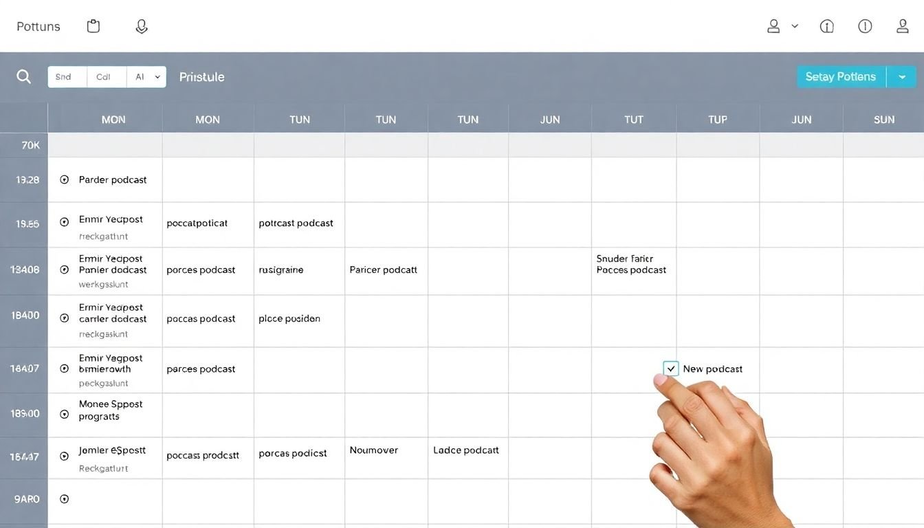 A calendar filled with scheduled podcast episodes, with a podcast host checking off tasks and staying organized.