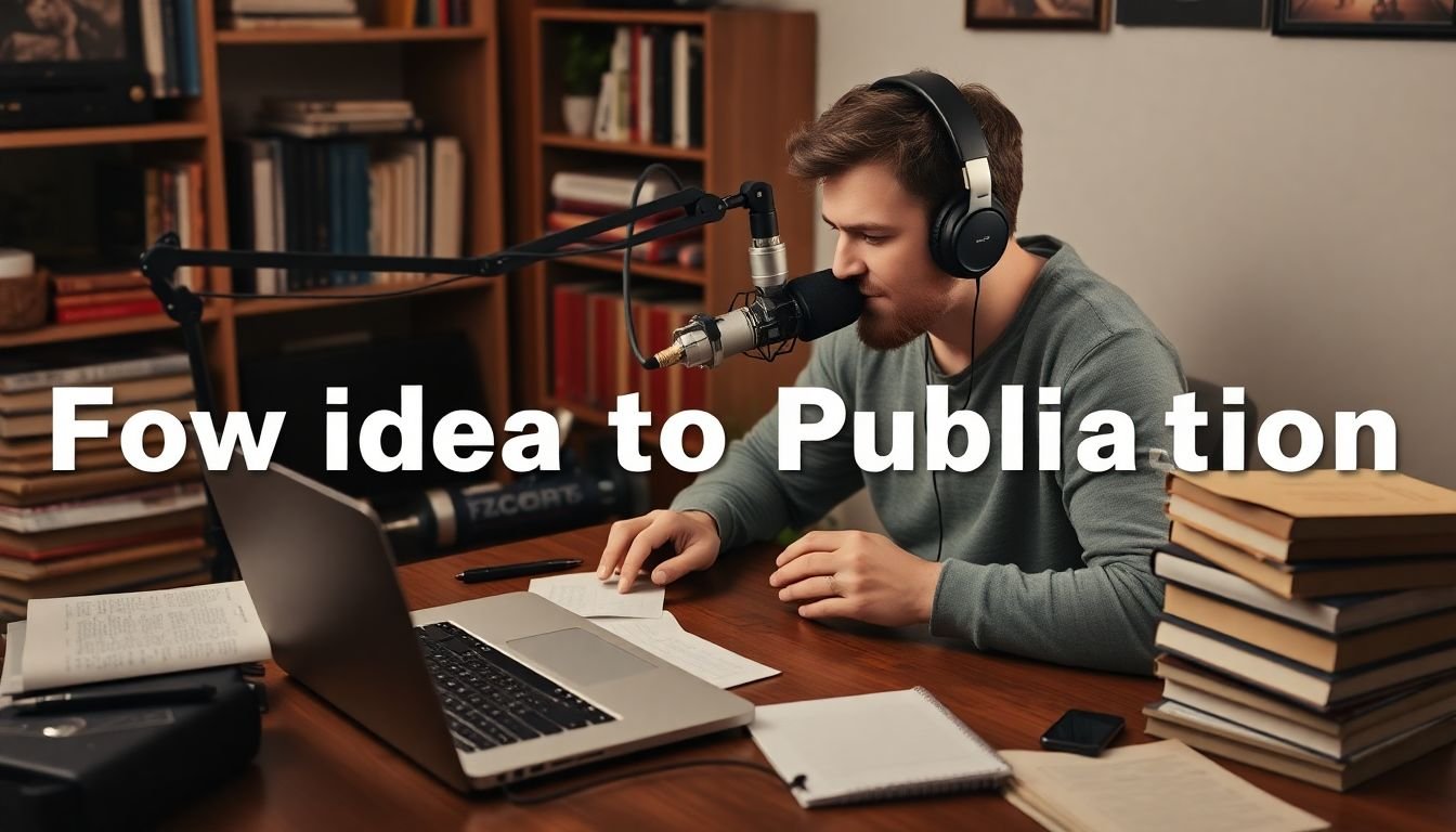 A creative image of a podcast host recording in a home studio, with iTunes open on a laptop, and headphones around a microphone, surrounded by books and notes, symbolizing the journey from idea to publication.