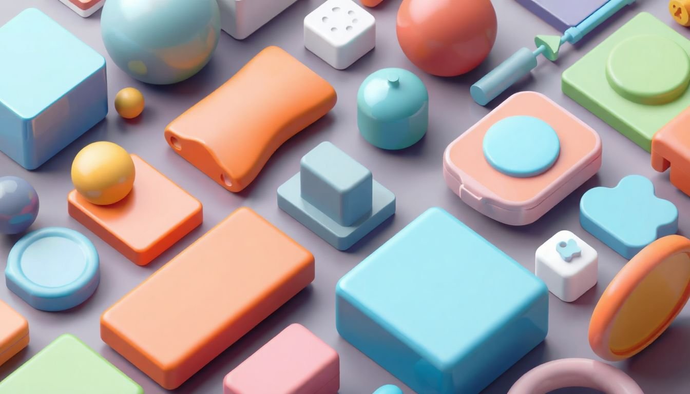 A flat lay of 3D rendered objects in various shapes and colors, arranged in an isometric perspective, with a modern, sleek aesthetic.