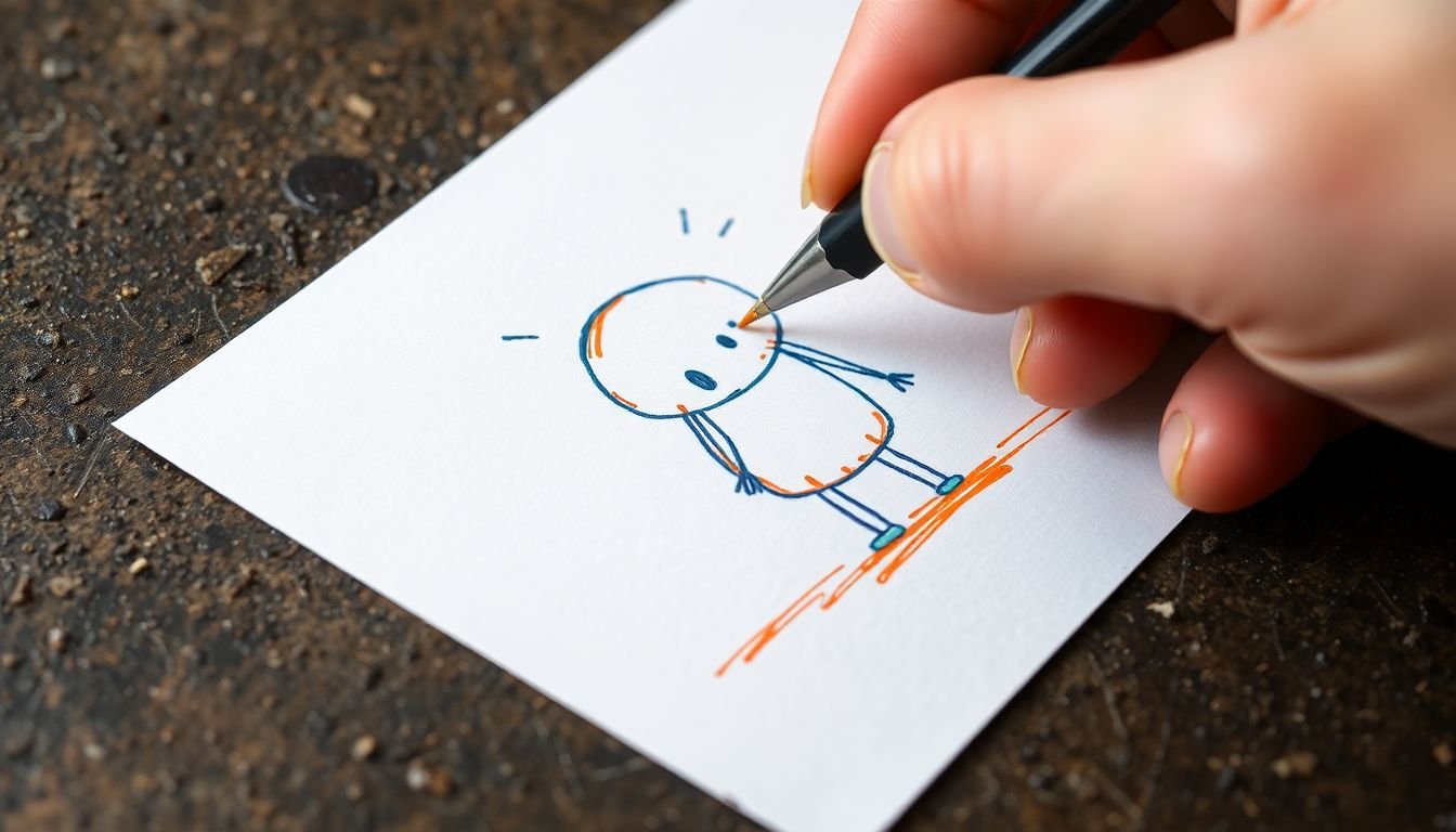 A close-up of a hand sketching a rough, yet charming illustration on a textured surface, with colorful, bold lines and smudges.