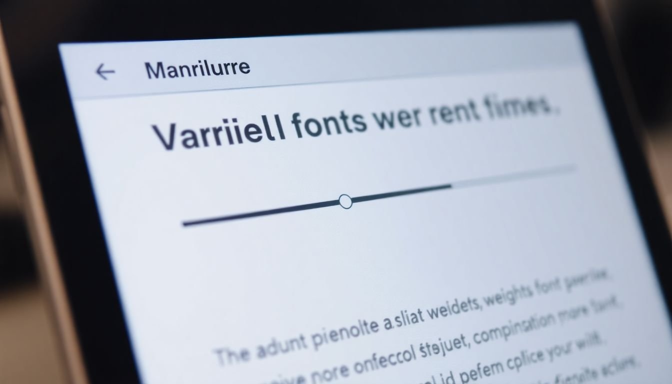 A close-up of a screen displaying a variable font in action, with a slider allowing users to adjust font weight, width, and other attributes in real-time.