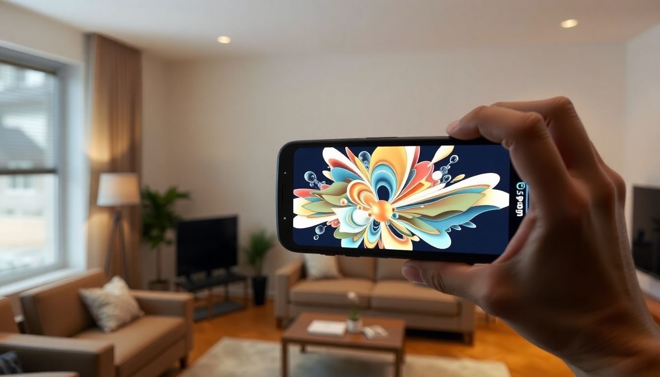A person using AR glasses to view a dynamic, 3D graphic design piece in their living room, with the design seamlessly blending with the real-world environment.