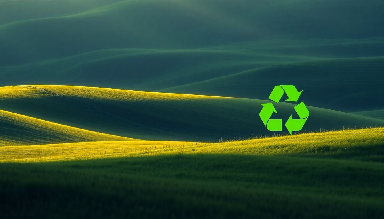 A serene, green landscape with a recycling symbol subtly integrated into the design, symbolizing harmony between nature and graphic design.