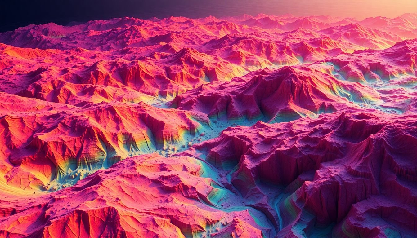 An abstract, otherworldly landscape generated by an AI algorithm, with vibrant colors and complex patterns that defy traditional design conventions.