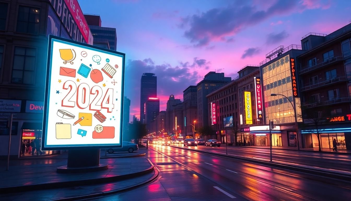 A vibrant, futuristic cityscape at dusk, with neon lights reflecting on wet streets, and a holographic billboard displaying a mix of flat design, 3D, and hand-drawn elements, symbolizing the convergence of graphic design styles in 2024.