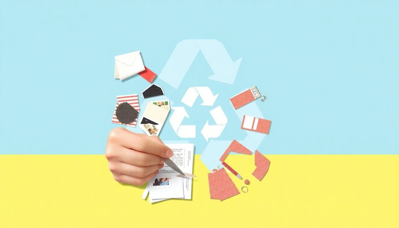 A graphic designer cutting and pasting elements from old designs to create a new, unique piece, with a recycling symbol in the background.