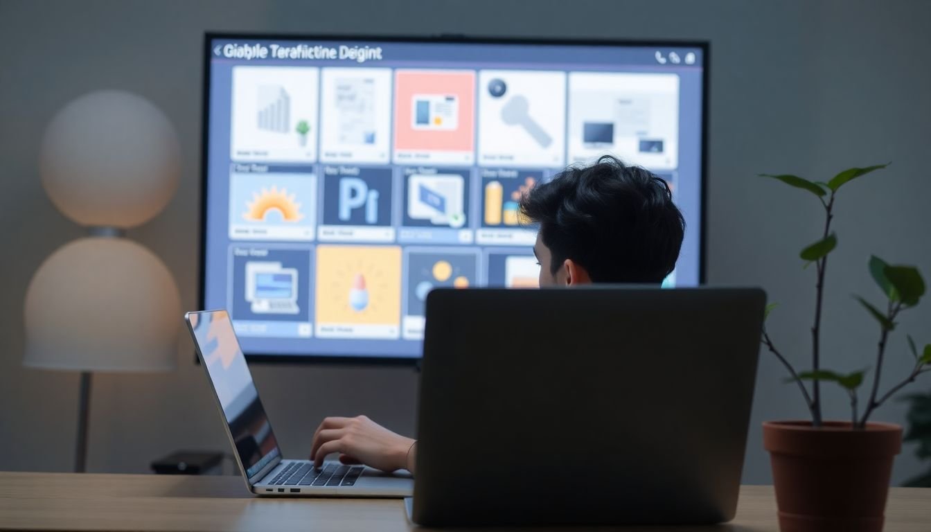 A graphic designer working on a laptop, with a presentation of digital designs on a screen behind them, and a plant growing in a pot next to the laptop.