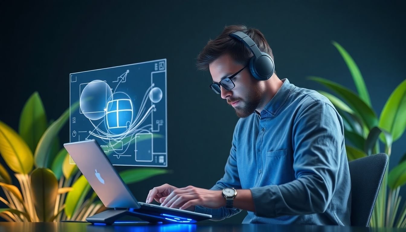 A graphic designer working on a futuristic device, with a holographic design projection in the air and a lush, green plant in the background.